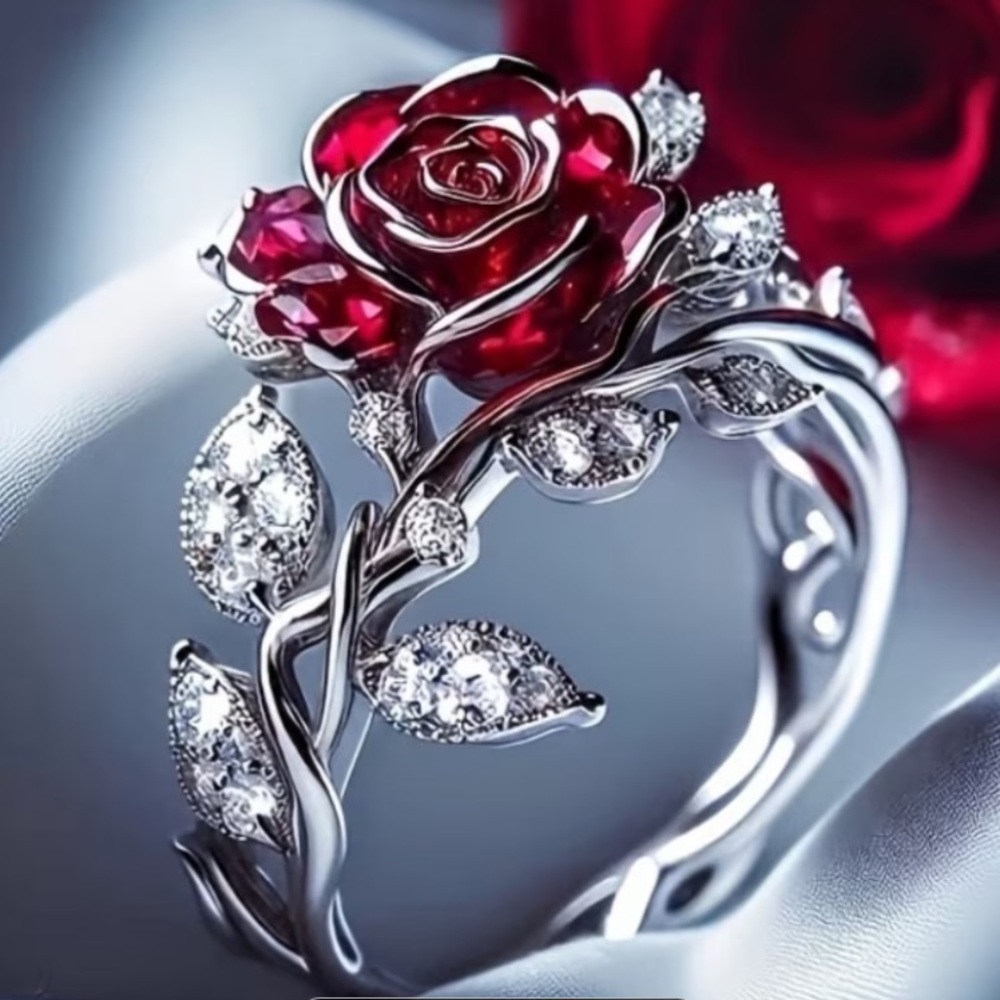 Red Rose Crystal Ring in Silver Tone size 7.5